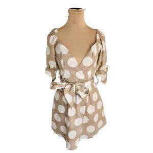 Polly Beige White Puff Sleeve Polka Dot Mini Dress Sz 8